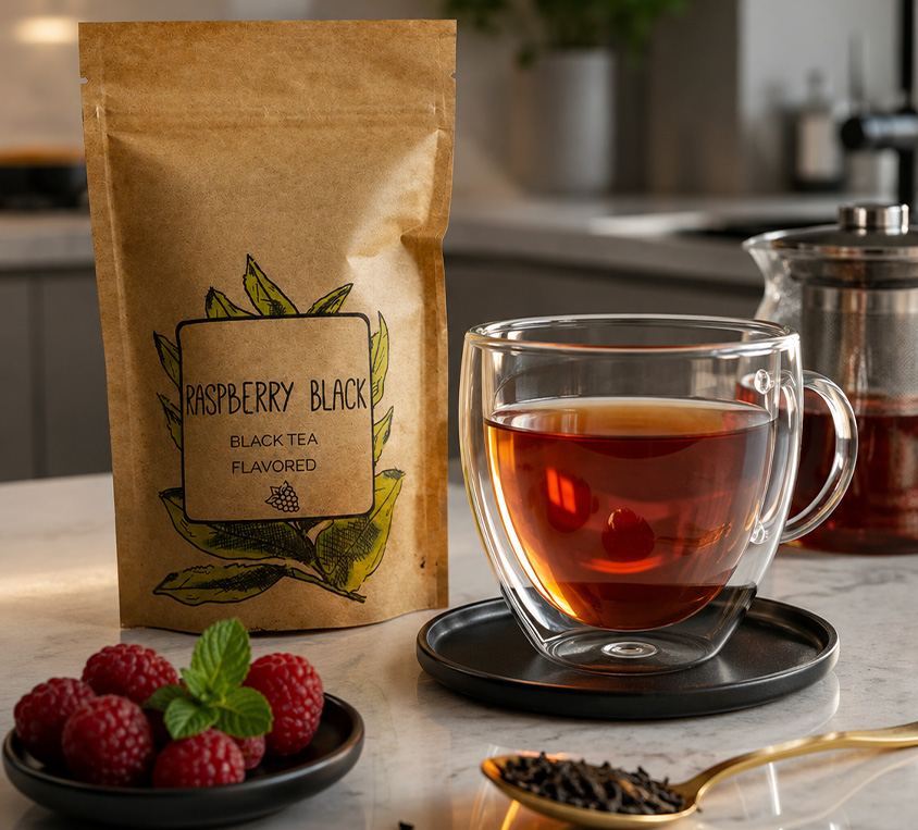 Raspberry Black Leo Tea w papierowej torebce doypack do domu